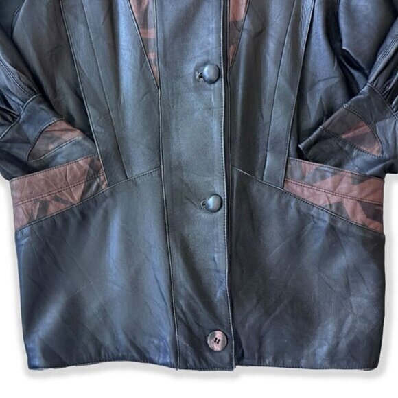 Vintage Black Brown Leather Geometric Print Oversized Mid-Length Jacket 80s 90s - Picture 3 of 7